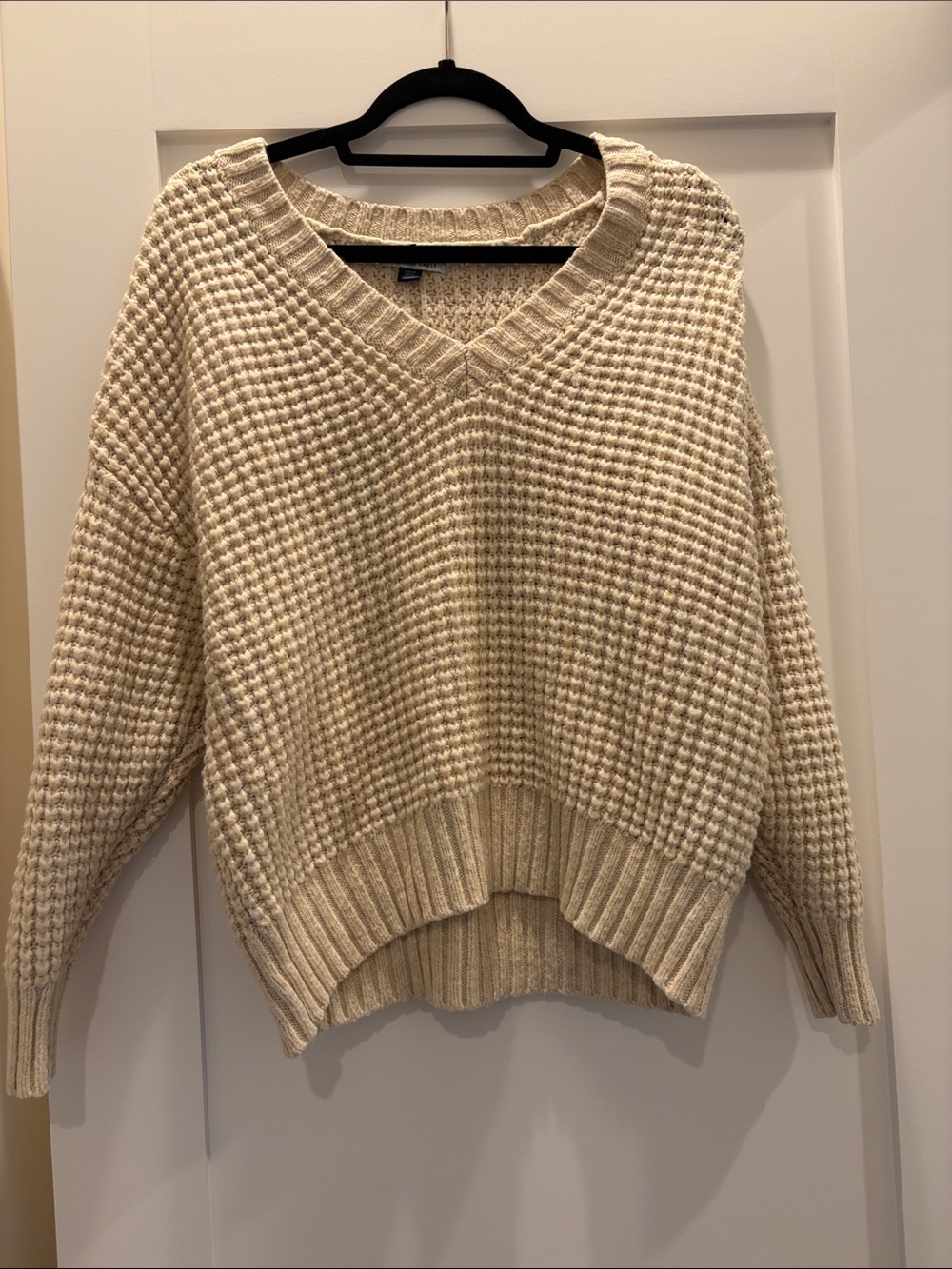 American Eagle Outfitters Cream Waffle V-Neck Sweater